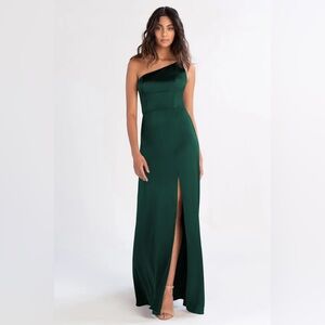 Jenny Yoo One Shoulder Satin Gown, Emerald, Size 8